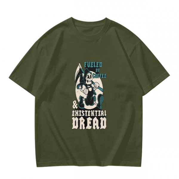 Olive graphic t-shirt with 'Fueled by Coffee & Existential Dread' grim reaper print