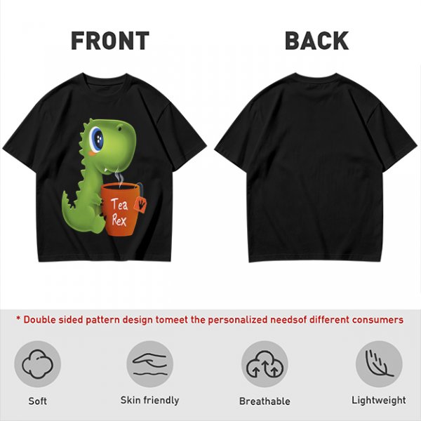 Olive green t-shirt with cute Tea Rex dinosaur holding a steaming tea mug