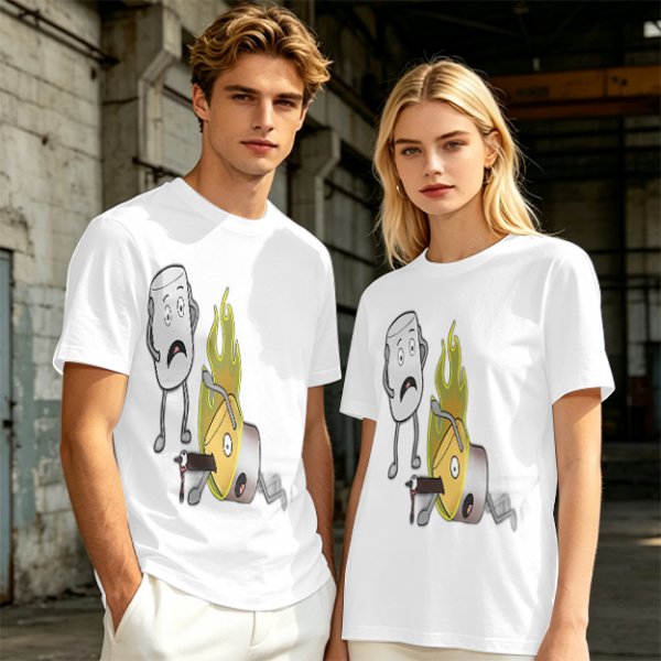Olive T-Shirt With Cartoon Marshmallow and Burning Character Print