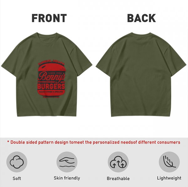 Olive green t-shirt with Benny's Burgers Hawkins Indiana graphic