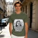 Olive green graphic t-shirt with bedridden cartoon girl and 'DAILY' text