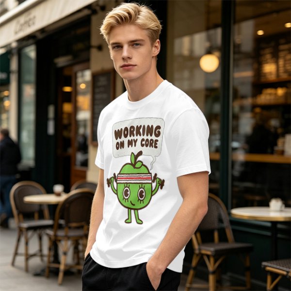 Olive green t-shirt with cartoon apple lifting dumbbells and 'Working on my core' text