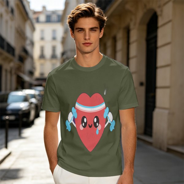Olive T-Shirt With Cute Cartoon Heart Lifting Dumbbells Print