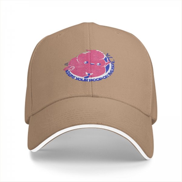 Black baseball cap with cartoon poop graphic and text print