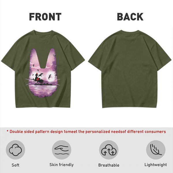 Olive T-Shirt With Witch Riding Broom Silhouette In Bunny Outline