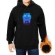Black hoodie with blue Cheshire cat and silhouetted figures graphic