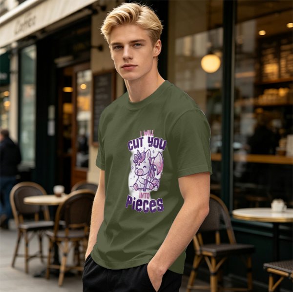 Olive t-shirt with a cute unicorn holding an axe and the text I will cut you into pieces