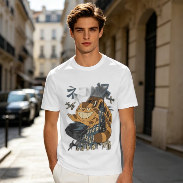 Olive T-shirt with giant cat bus monster and vintage planes graphic