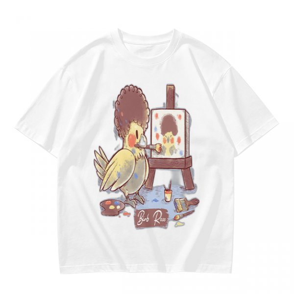 Olive T-Shirt Featuring a Bird Painting a Self-Portrait with an Afro