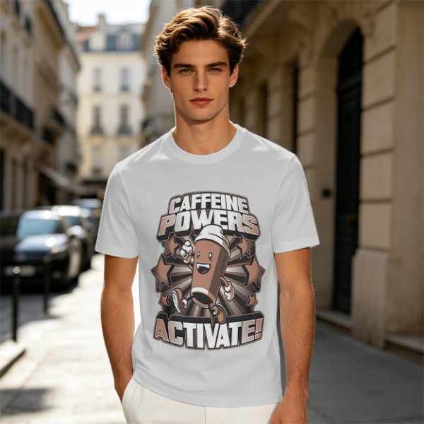 Caffeine Powers Activate! Cartoon Coffee T-Shirt Design