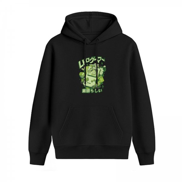 Black Hoodie with Retro Handheld Game Console and Japanese Graphic Print