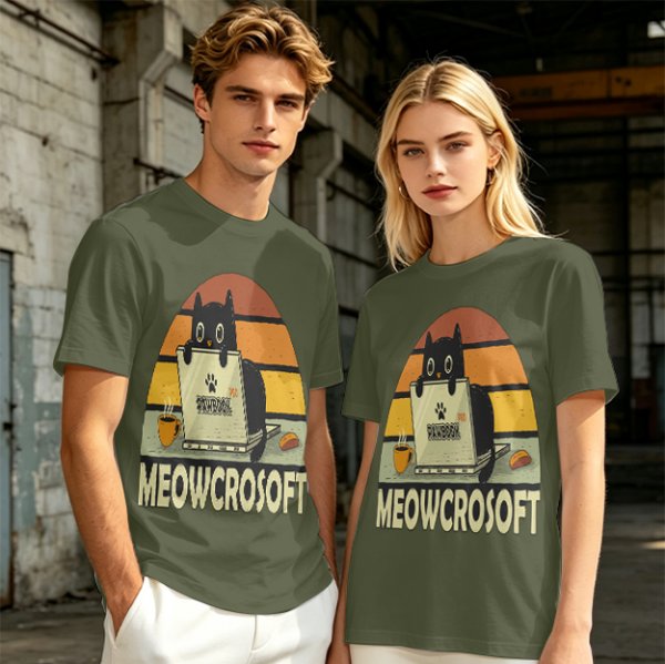 Olive t-shirt with black cat using laptop and Meowcrosoft text
