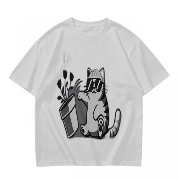 Olive T-Shirt With Cool Cat Wearing Sunglasses Knocking Over Potted Plant