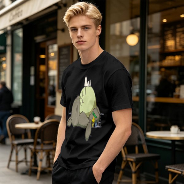 Olive T-shirt with whimsical forest spirit and small animal graphic print
