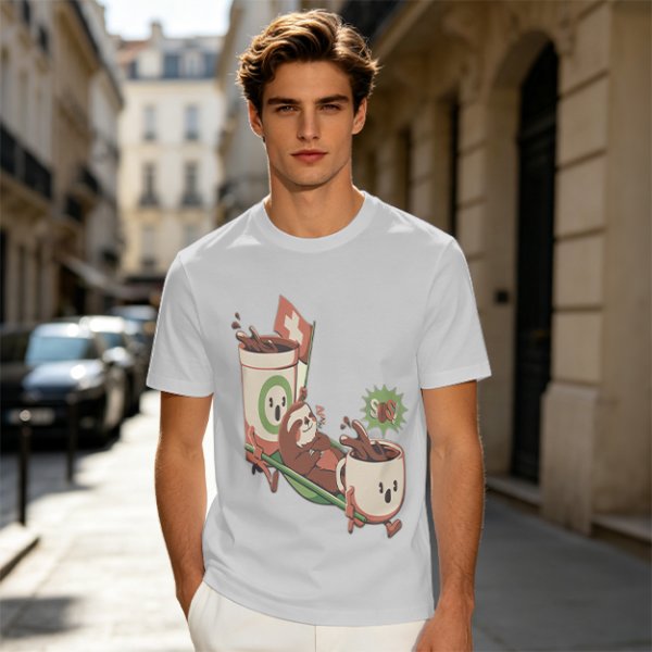 Olive green graphic tee with a sloth relaxing between anthropomorphic coffee mugs