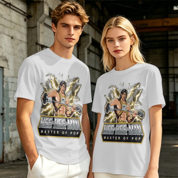 Olive T-shirt with Hee-Hee-Man Master of Pop Lifting Barbell Graphic