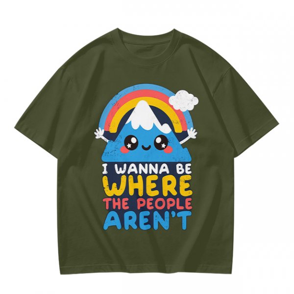 Olive graphic tee with cute mountain rainbow and 'I Wanna Be Where The People Aren't' text