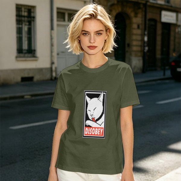 Olive T-shirt with Disobey Cat Grooming Graphic Print