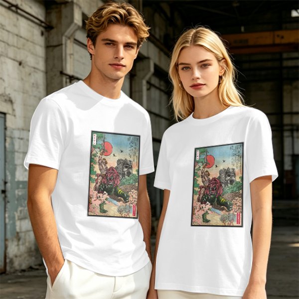 Olive T-shirt with ukiyo-e style fantasy creature graphic print