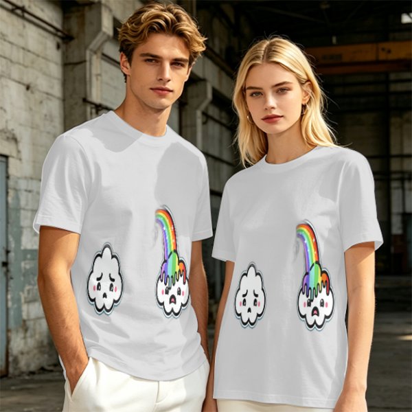 Oversized Olive T-Shirt With Sad Clouds And Rainbow Drip Graphic