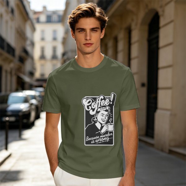 Olive T-Shirt with Retro Coffee Murder Pun Graphic