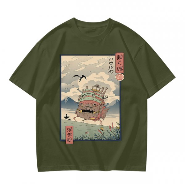 Olive t-shirt with ukiyo-e style Howl's Moving Castle print
