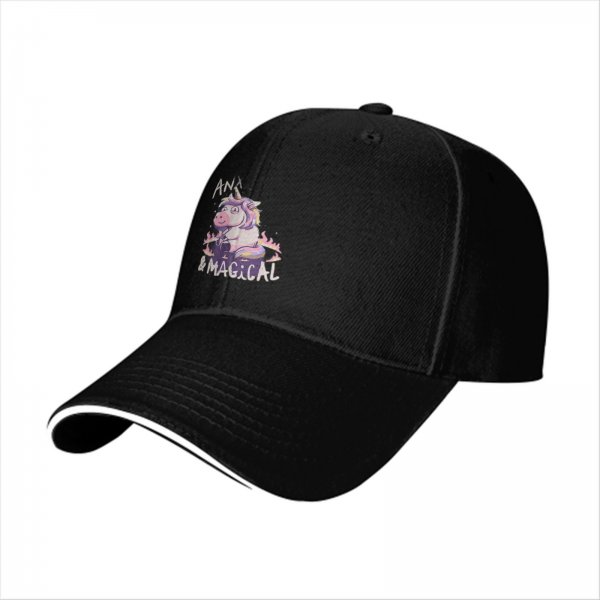Black baseball cap with anxious unicorn and magical text design