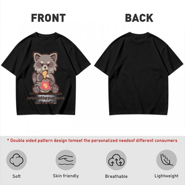 Olive t-shirt with a raccoon eating snacks and 'powered by pure spite and snackies' text