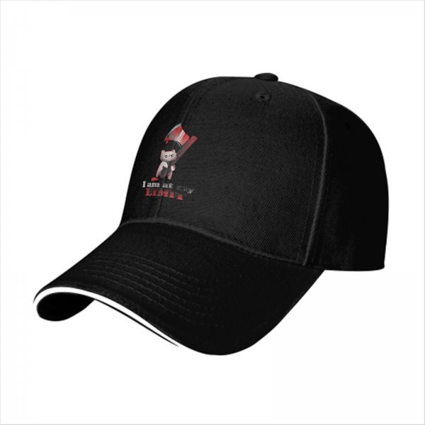 Black baseball cap with 'I am at my LIMIT' and cartoon character print