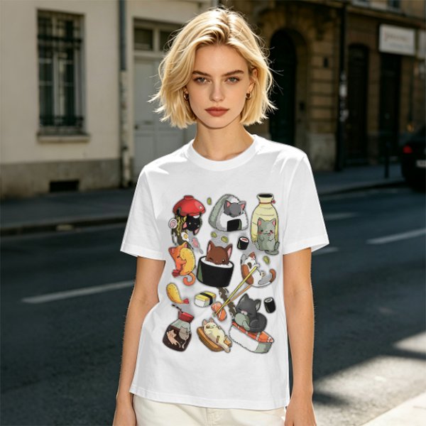 Olive T-Shirt With Cute Sushi Cat Illustrations