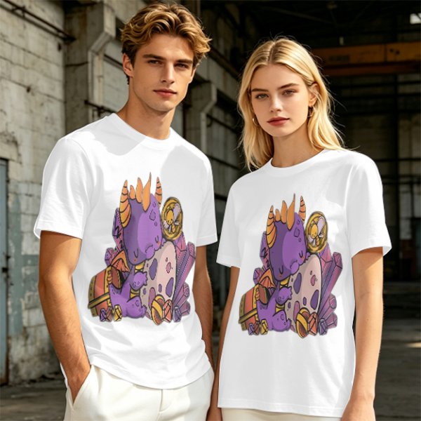 Olive T-Shirt with Cute Sleeping Purple Dragon and Treasure Artwork