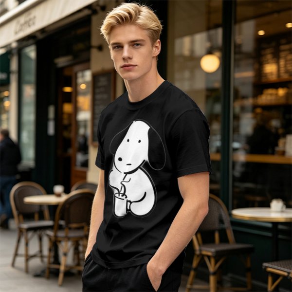 Olive Green T-Shirt With Cartoon Dog Holding Hot Drink Graphic