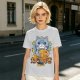 Olive green t-shirt with cute gray cat holding taiyaki graphic