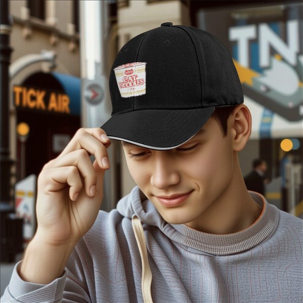 Black Baseball Cap With Cat Noodles Cup Graphic Print