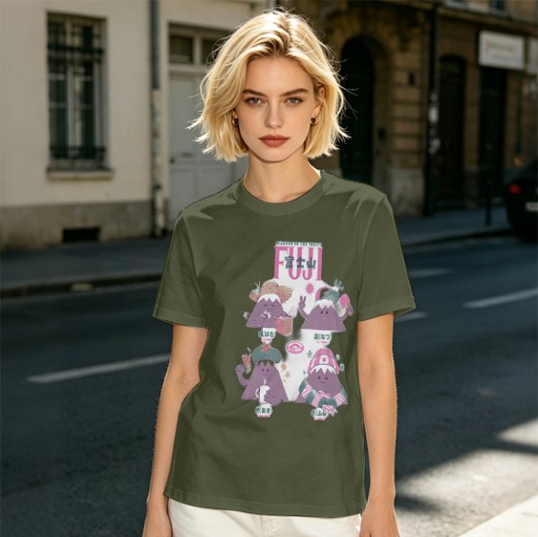 Olive green t-shirt with playful Mount Fuji character graphic print