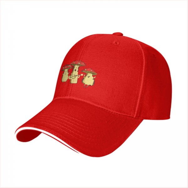 Black baseball cap with singing mushroom band graphic