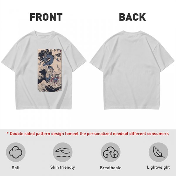 Olive T-Shirt with Japanese Ukiyo-e Dragon and Wave Print
