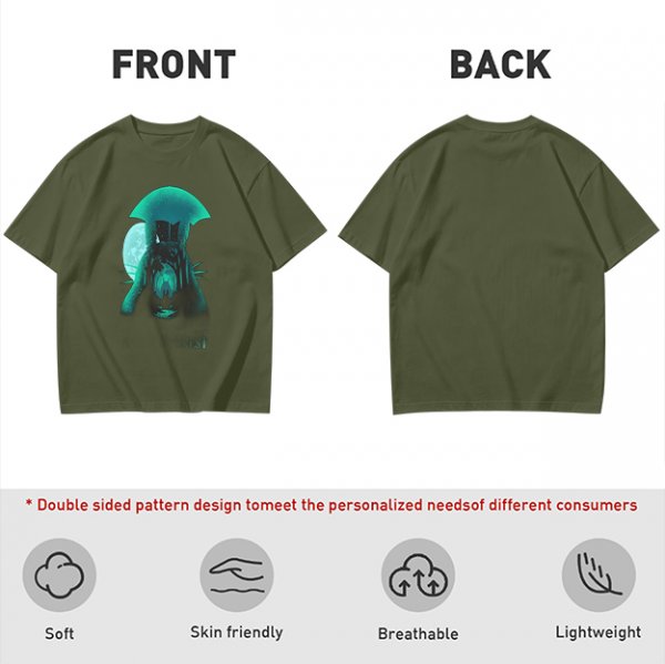 Olive T-Shirt With Glowing Teal Mushroom Creature And Moon Print
