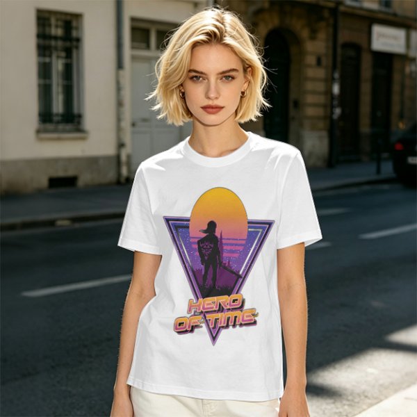 Olive green retro sunset graphic t-shirt with Hero of Time print