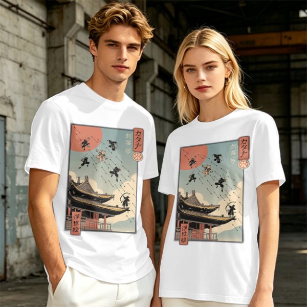 Olive T-Shirt with Ukiyo-e Style Ninja Temple Print