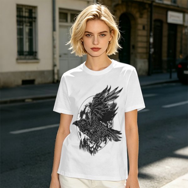 Olive Graphic T-Shirt with Mechanical Raven and Full Moon Print