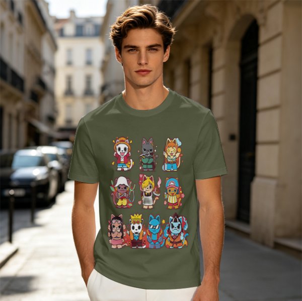 Olive T-Shirt With Cute Anime Cat Character Print