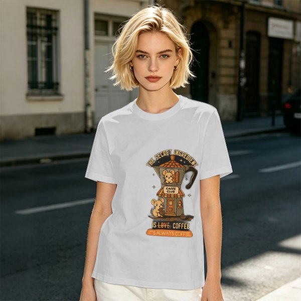 Olive t-shirt with coffee moka pot mouse shop graphic and coffee love quote