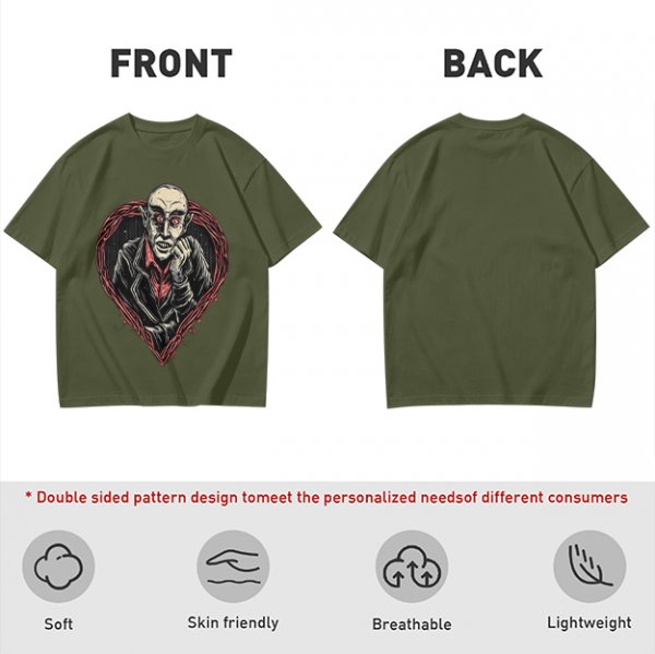 Olive T-shirt with Nosferatu Vampire in Red Heart Frame