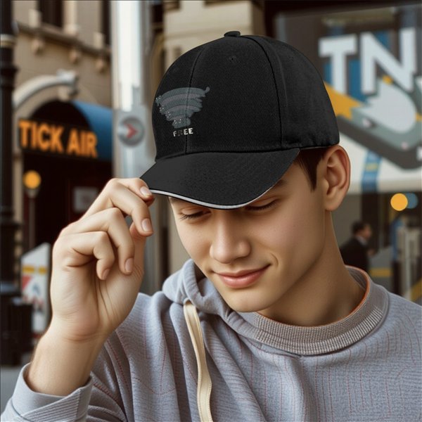 Black baseball cap with stacked cat graphic and 'FREE' text