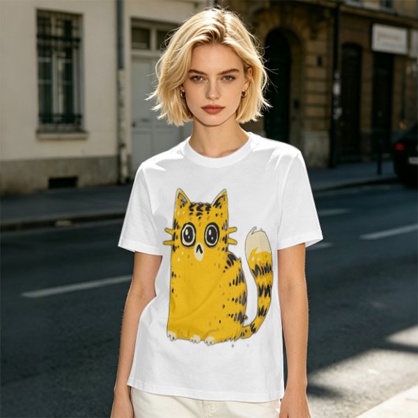 Olive Green T-Shirt With Cute Surprised Yellow Tabby Cat Graphic
