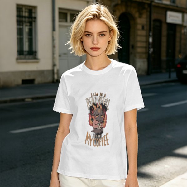 Olive graphic t-shirt with 'I can be a real devil before my coffee' print