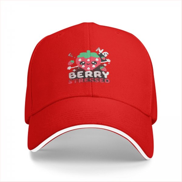 Black baseball cap with 'Berry Stressed' crying strawberry graphic