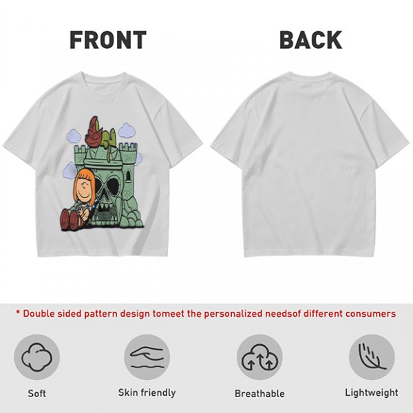 Olive T-shirt with Peanuts-style He-Man Castle Grayskull Graphic