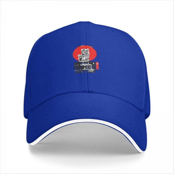 Black baseball cap with red sun and warrior graphic print
